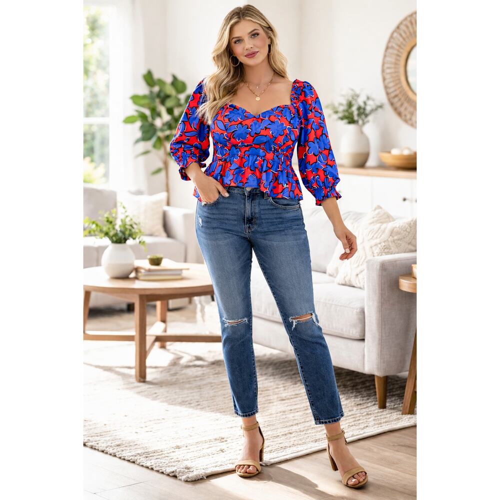 Eloquii Peplum Floral Blouse Top Plus 22 Blue Red Sweetheart Neck Cottage